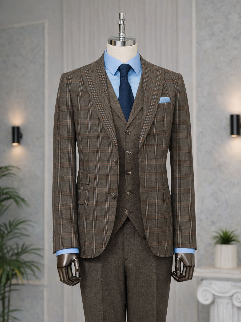 Men’s brown plaid slim-fit 3-piece suit with peak lapel blazer, matching vest and trousers, styled for formal and smart occasions with a modern tailored silhouette.