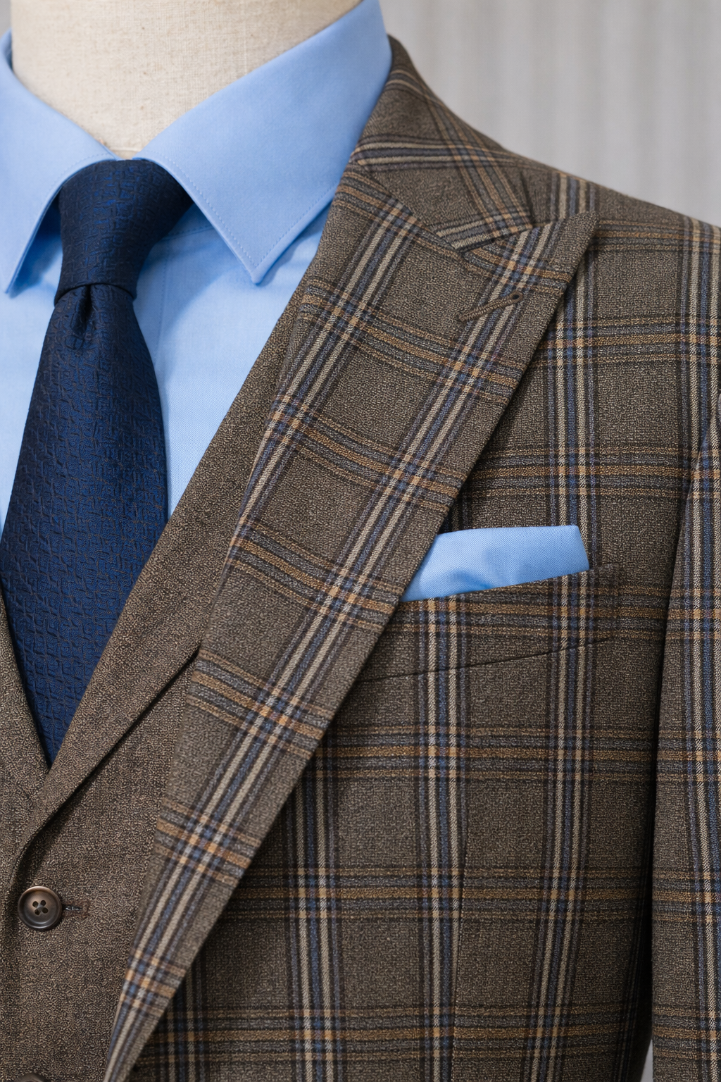 Men’s brown plaid slim-fit 3-piece suit with peak lapel blazer, matching vest and trousers, styled for formal and smart occasions with a modern tailored silhouette.