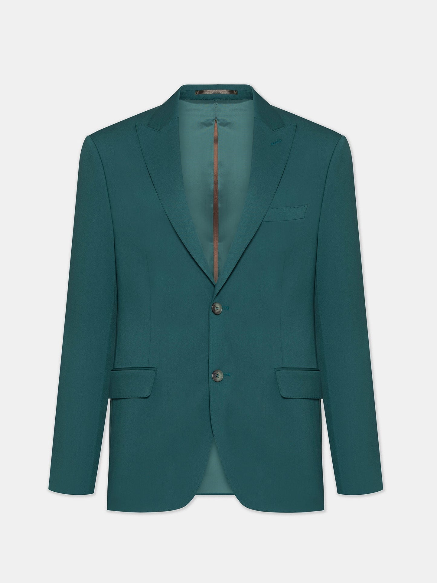 Men’s green modern-fit 3-piece suit with peak lapel blazer, matching vest and trousers, featuring a double vent design and tailored silhouette for formal and stylish occasions.