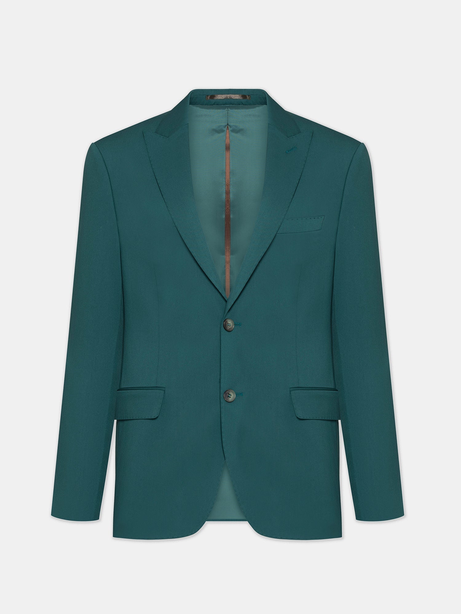 Men’s green modern-fit 3-piece suit with peak lapel blazer, matching vest and trousers, featuring a double vent design and tailored silhouette for formal and stylish occasions.