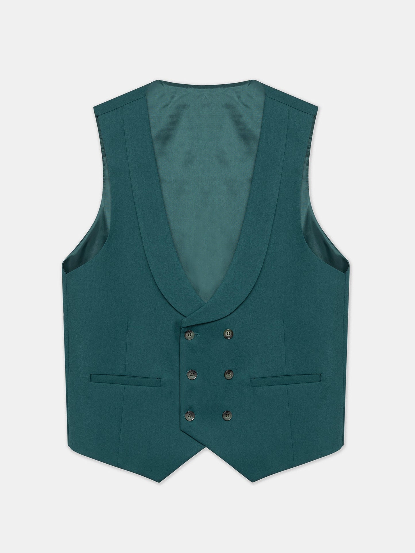Men’s green modern-fit 3-piece suit with peak lapel blazer, matching vest and trousers, featuring a double vent design and tailored silhouette for formal and stylish occasions.