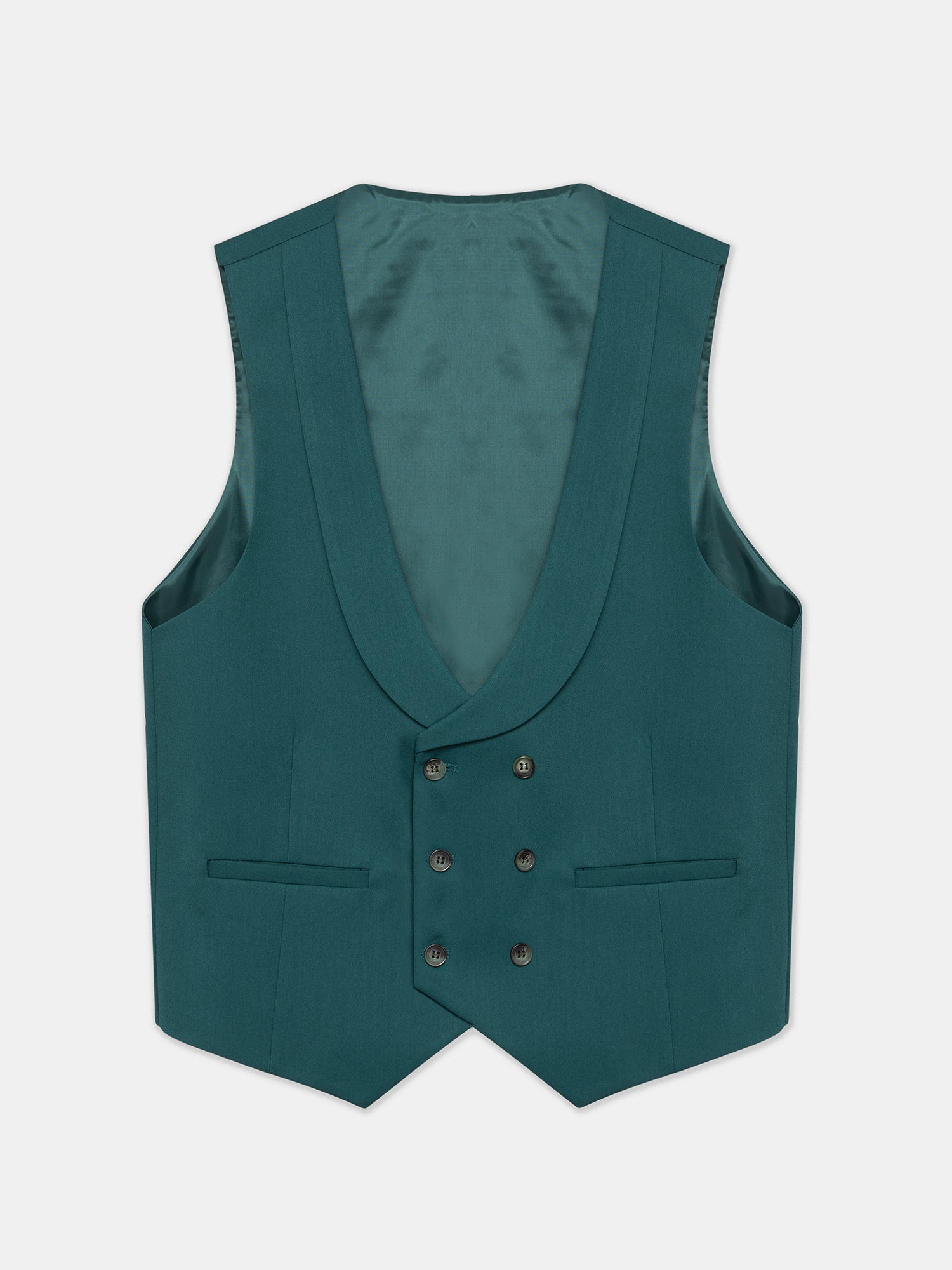 Men’s green modern-fit 3-piece suit with peak lapel blazer, matching vest and trousers, featuring a double vent design and tailored silhouette for formal and stylish occasions.