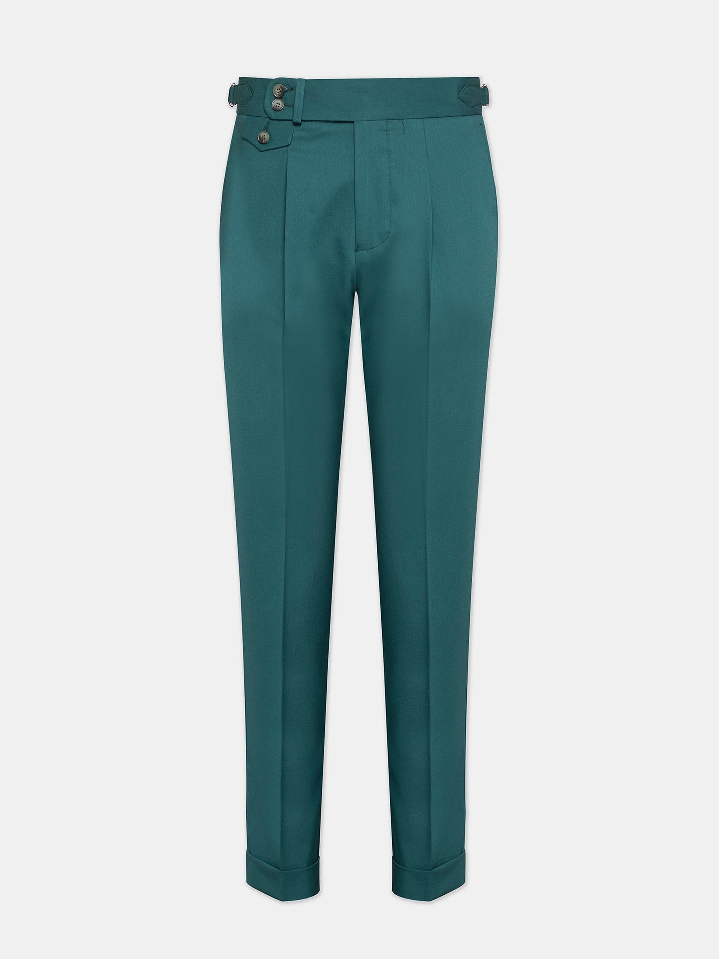 Men’s green modern-fit 3-piece suit with peak lapel blazer, matching vest and trousers, featuring a double vent design and tailored silhouette for formal and stylish occasions.