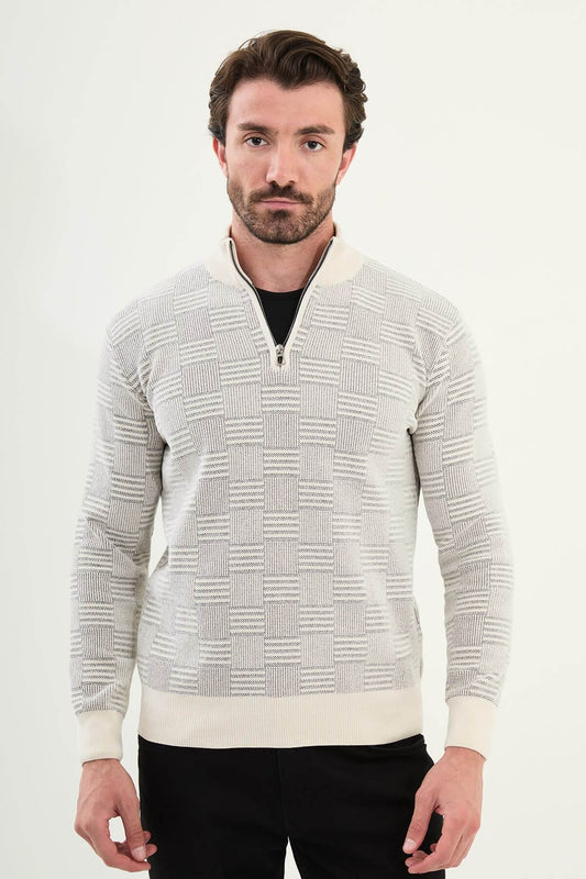 AXIST men’s white slim fit knitwear sweater with geometric knit design and half-zip mock neck