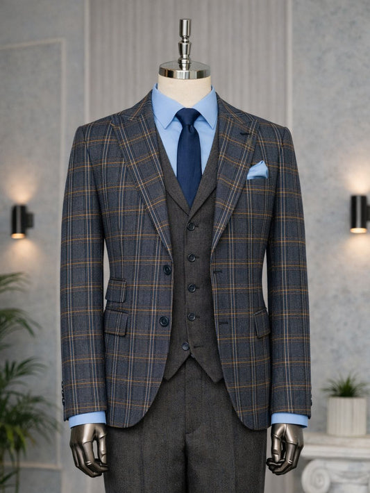 Costum bleumarin în carouri, slim-fit, format din 3 piese