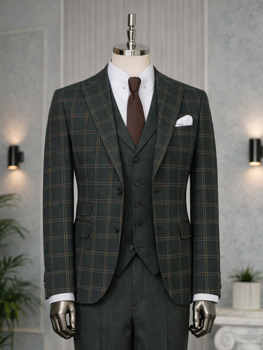 Costum verde în carouri, slim-fit, format din 3 piese
