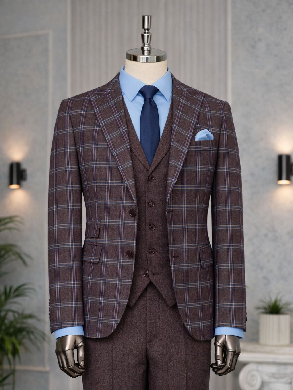 Men’s bordeaux plaid slim-fit 3-piece suit with peak lapel blazer, matching vest and trousers, styled for formal and smart occasions with a modern tailored fit.