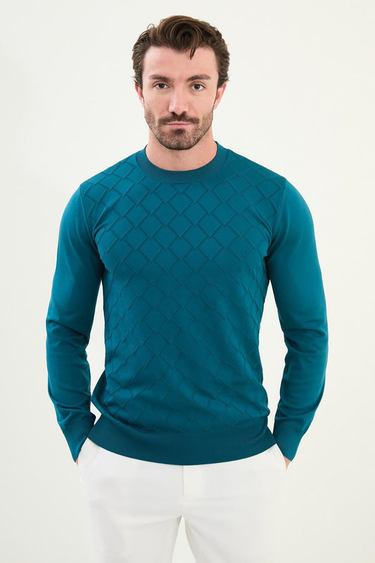 Men’s petroleum blue textured crew neck sweater with geometric knit pattern, slim fit smart casual knit styled with light trousers