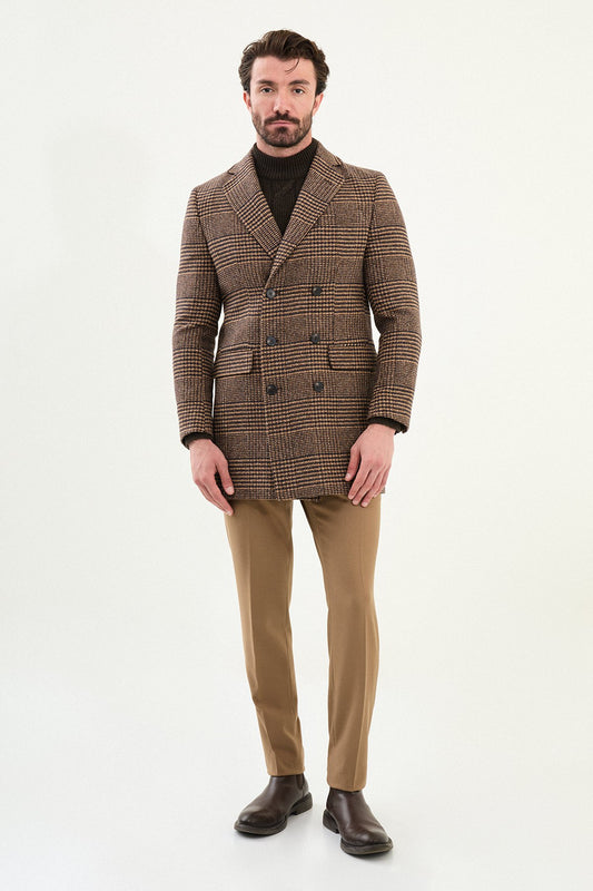 Men’s brown double-breasted longline herringbone wool-blend overcoat with extra-wide peak lapels, chocolate and copper multi-tonal weave, and tailored winter layering fit.