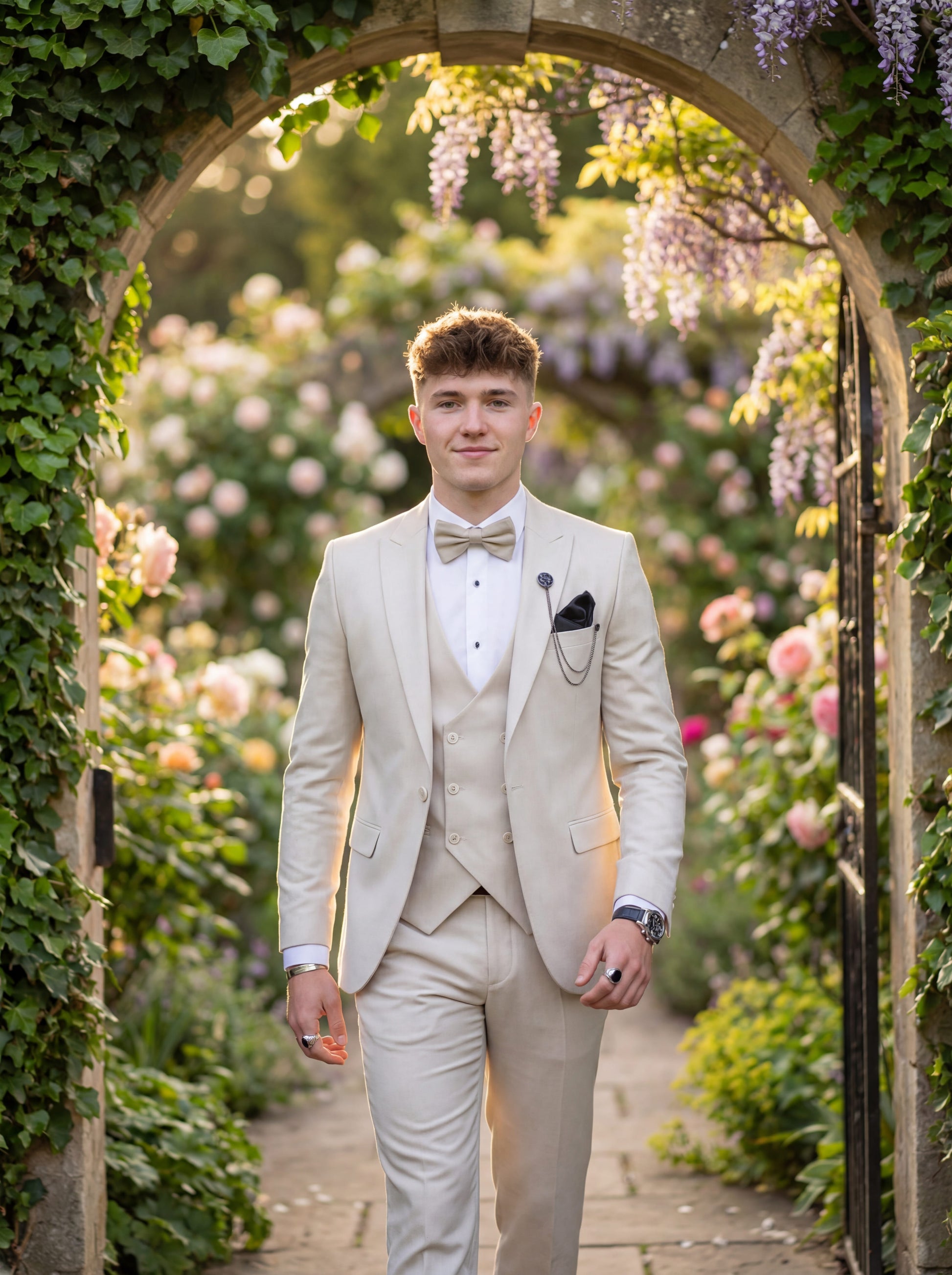 Modern beige prom suit with vest and bow tie for prom night