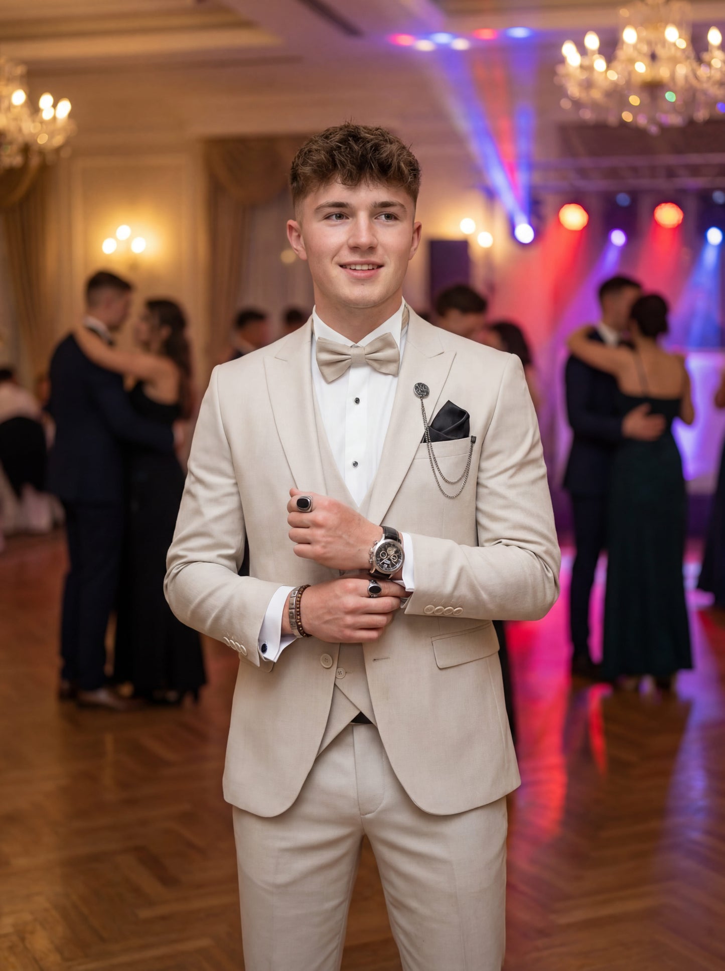 Modern beige prom suit with vest and bow tie for prom night