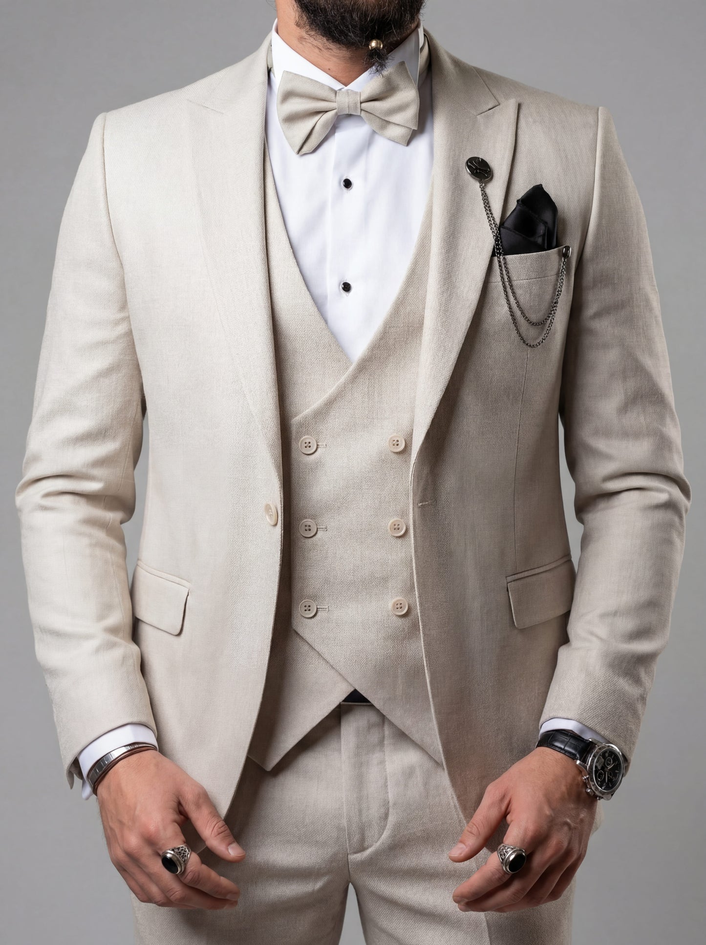 Modern beige prom suit with vest and bow tie for prom night