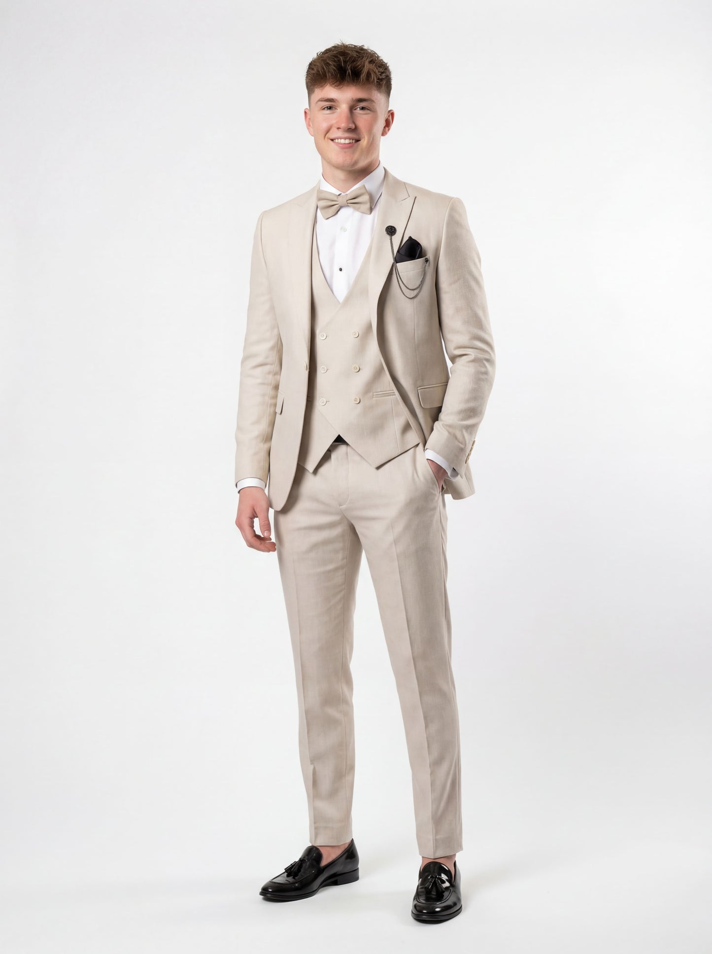 Modern beige prom suit with vest and bow tie for prom night