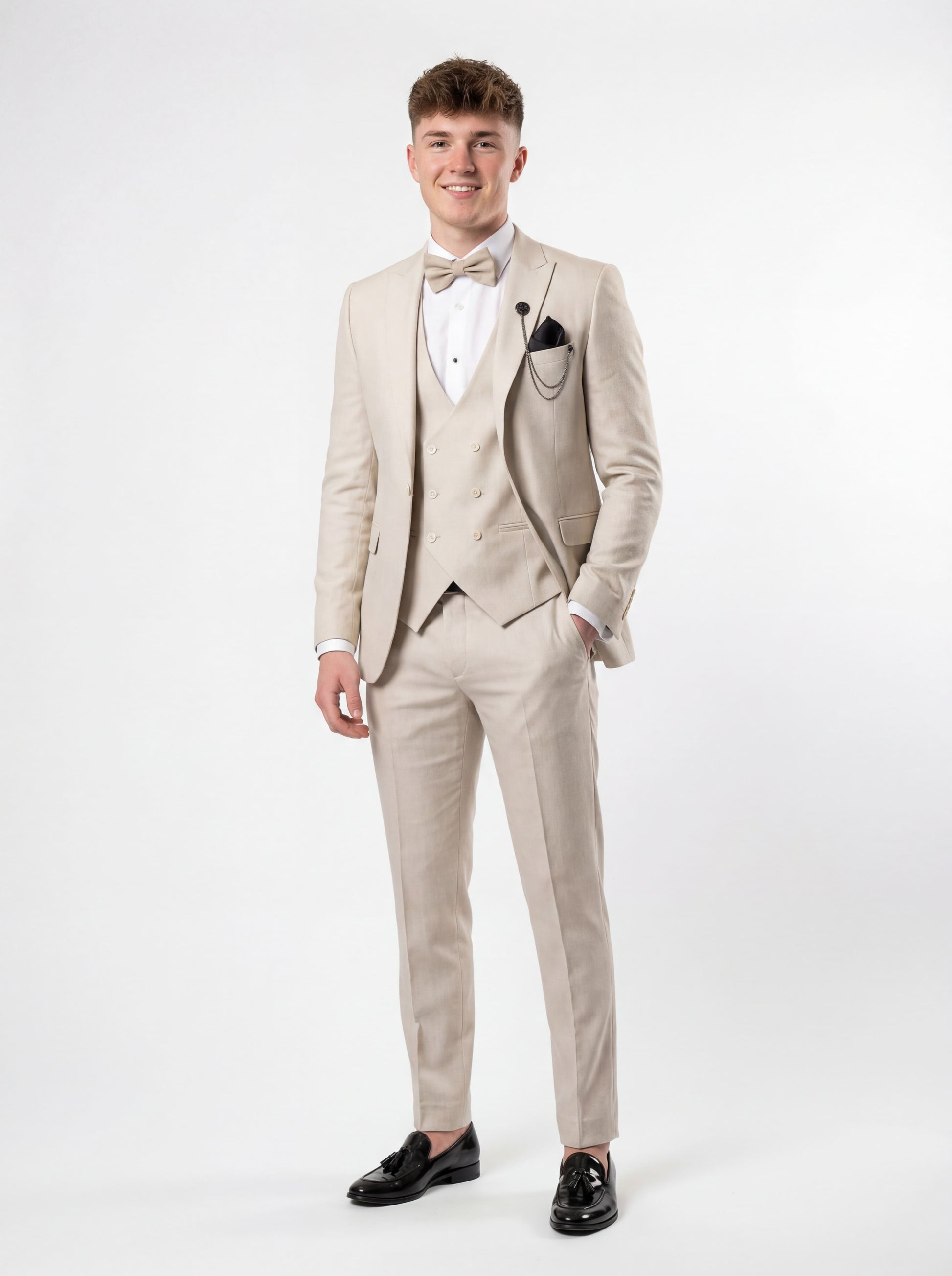 Modern beige prom suit with vest and bow tie for prom night