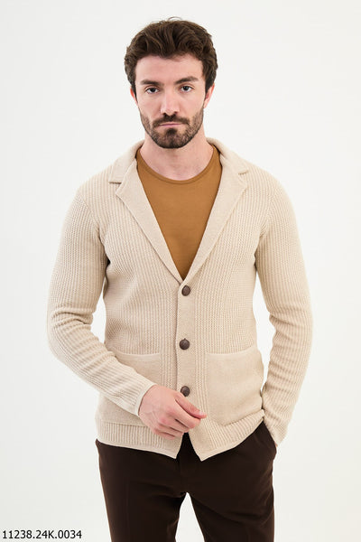 Beige Textured Button-Up Cardigan Sweater. – HolloMen