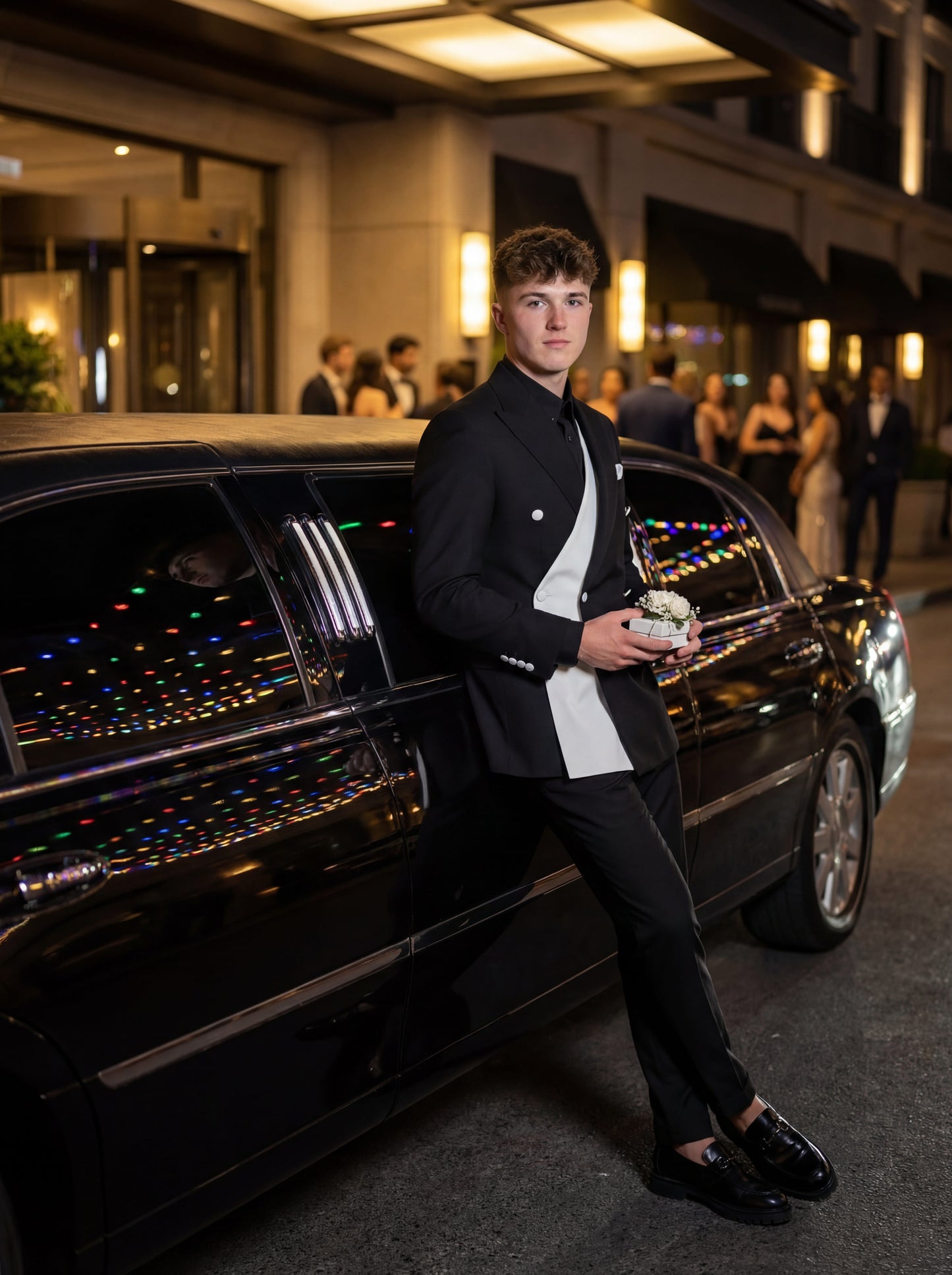 Black double-breasted prom suit with white contrast panel