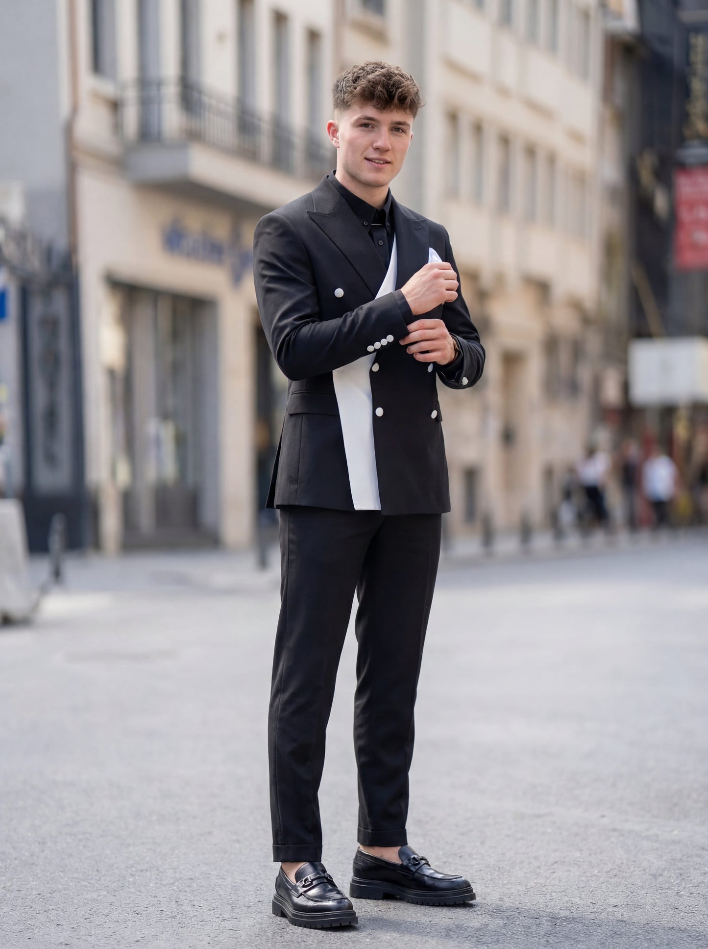 Black double-breasted prom suit with white contrast panel