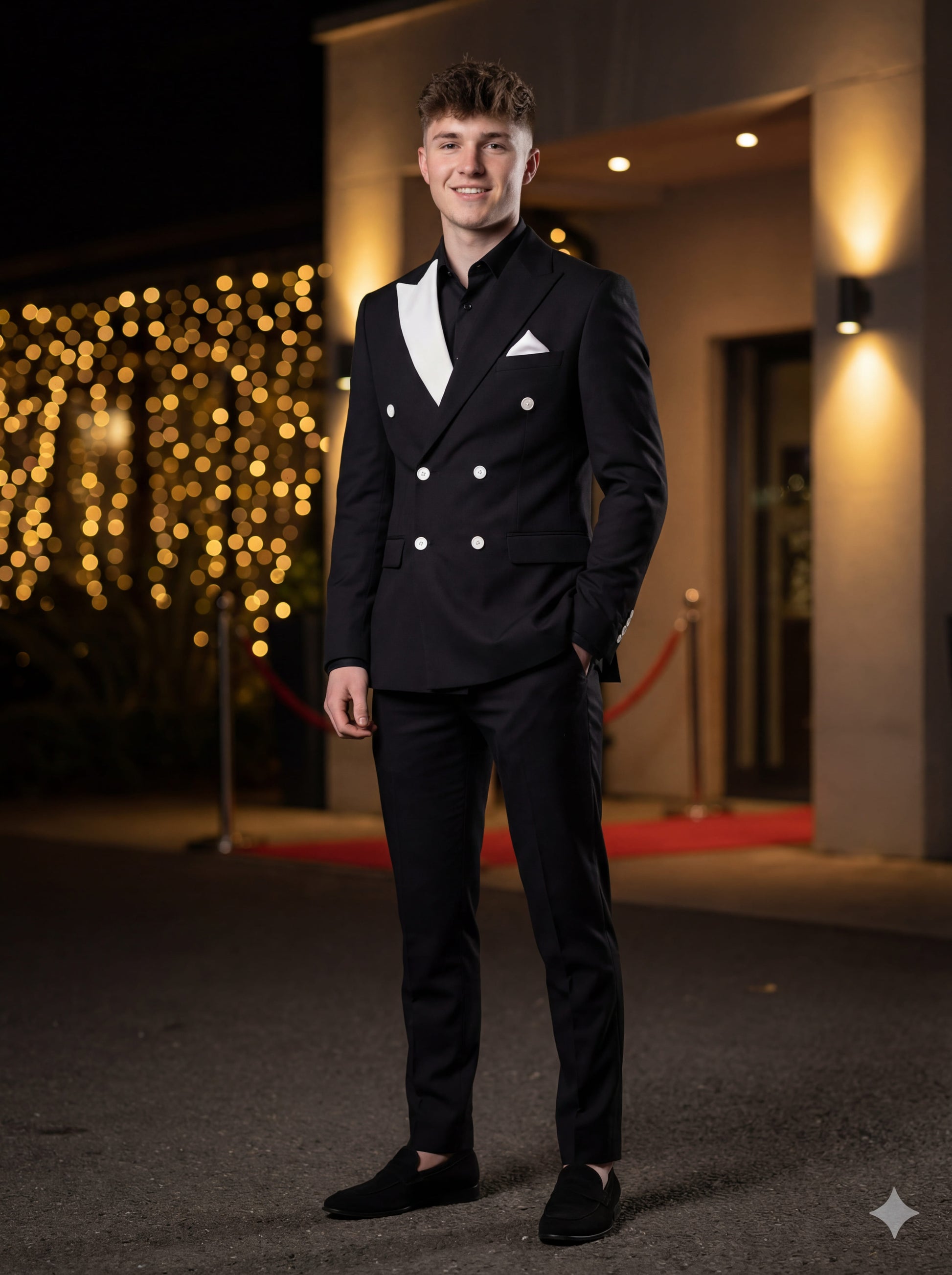 Black double-breasted prom suit with white contrast panel
