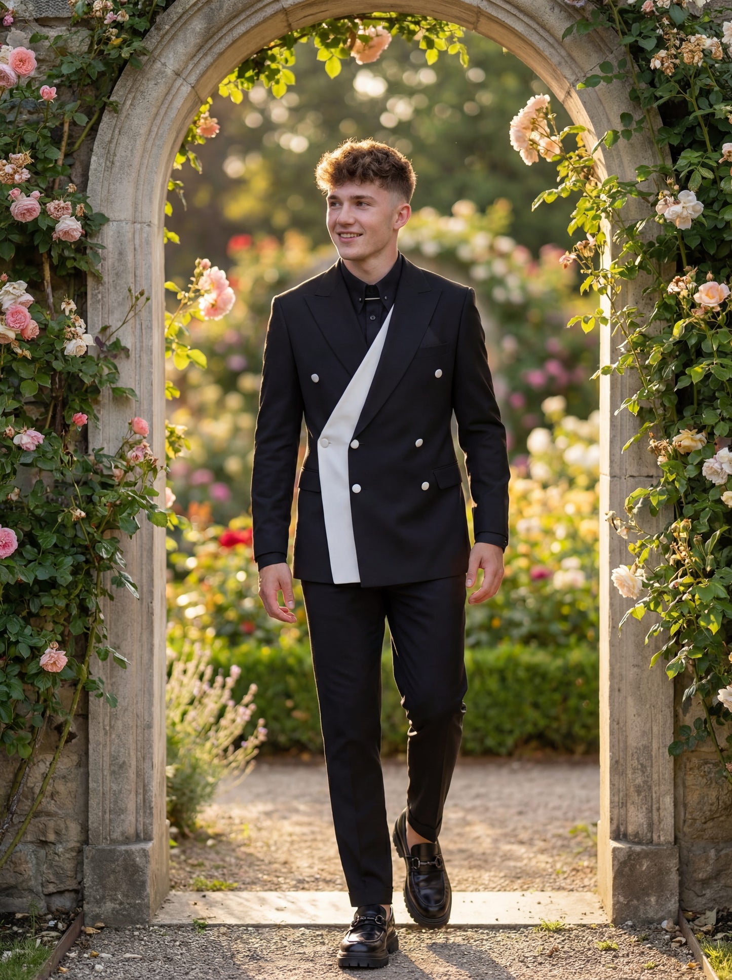 Black double-breasted prom suit with white contrast panel