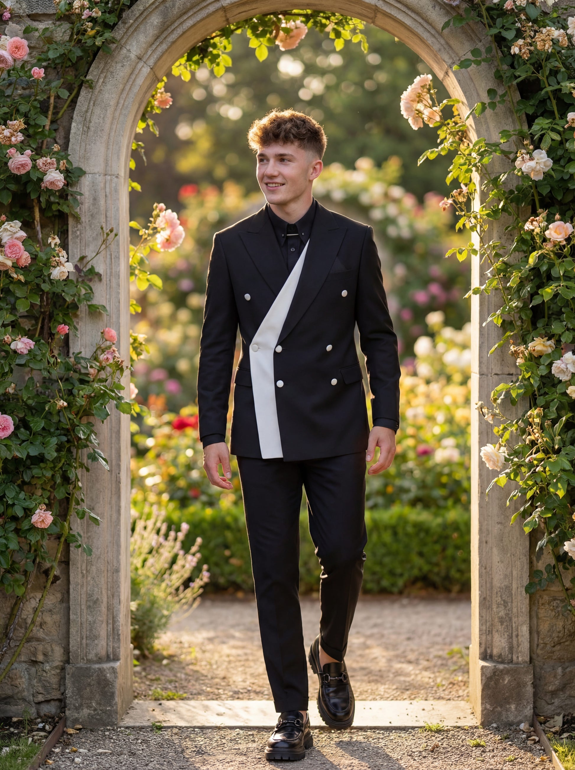 Black double-breasted prom suit with white contrast panel