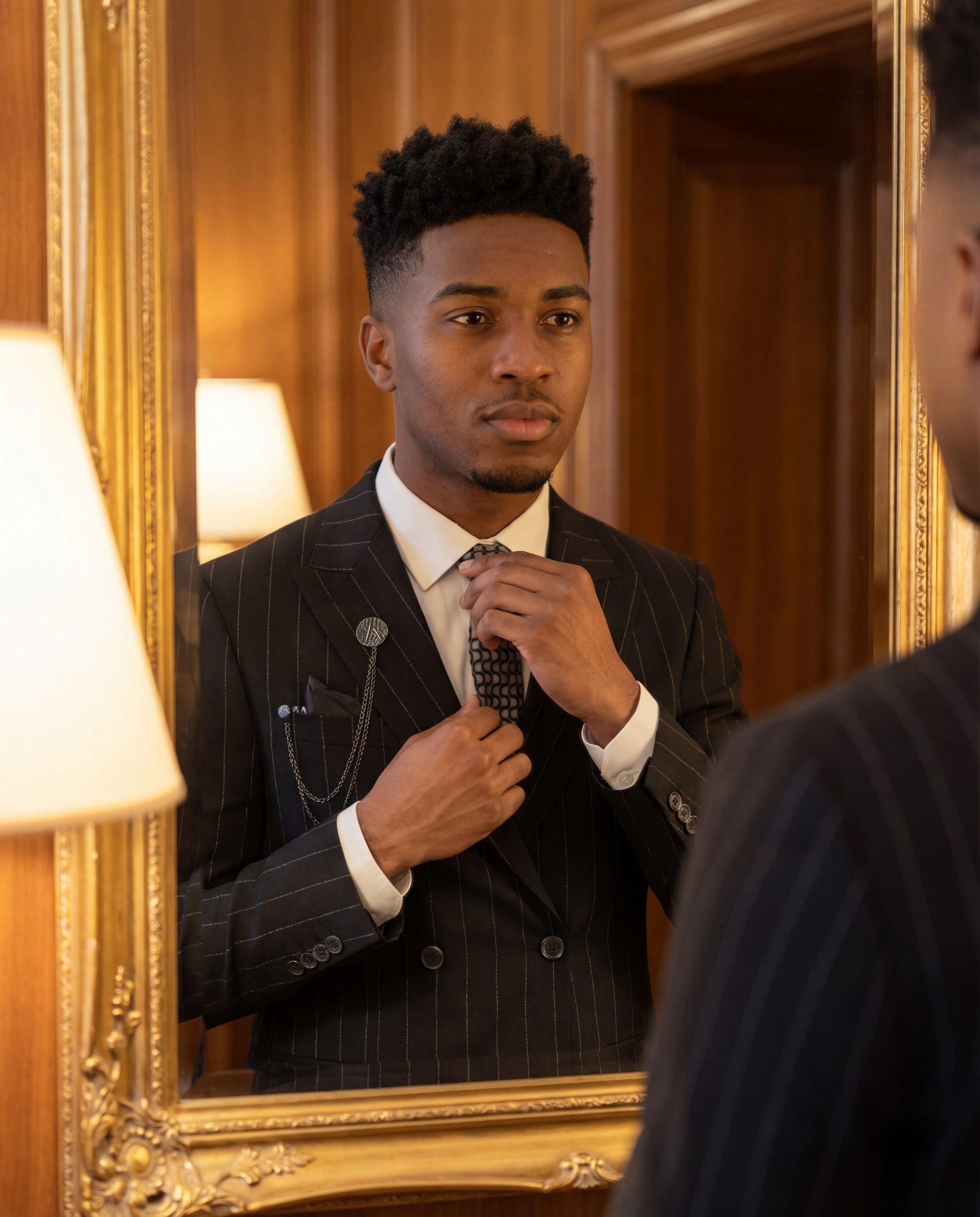 Black double-breasted pinstripe prom suit worn by young male model at formal event