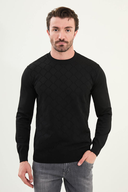 Men’s black textured crew neck sweater with geometric knit pattern, slim fit smart casual knit styled with gray jeans