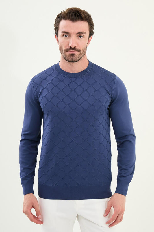 Men’s indigo textured crew neck sweater with geometric knit pattern, slim fit smart casual knit styled with light trousers