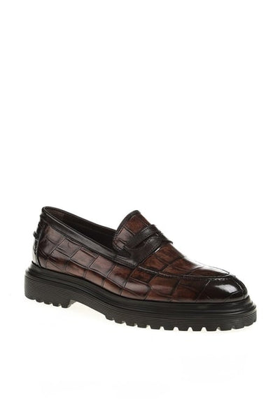 Brown Crocodile-Embossed Penny Loafers. – HolloMen display picture 2
