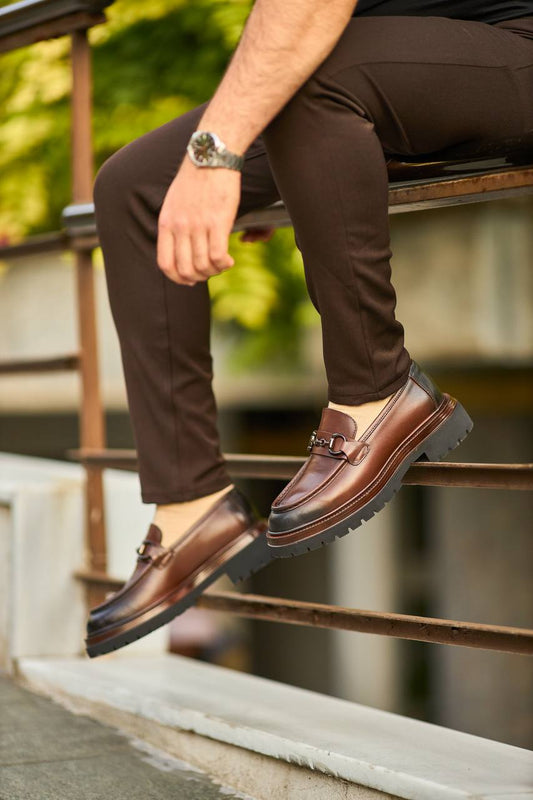 Brown Leather Chunky Horsebit Loafers.