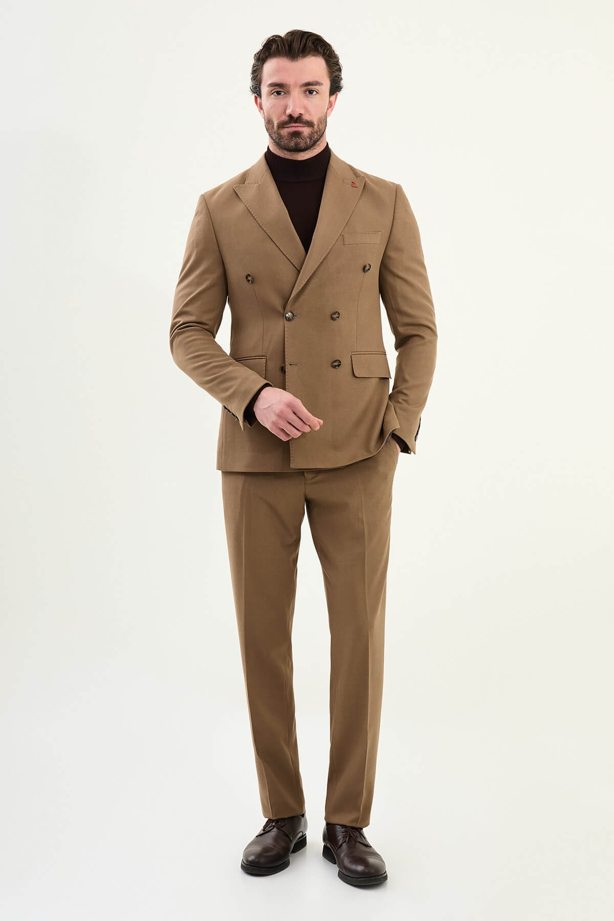 Men’s chocolate brown slim-fit double-breasted wool-blend suit with wide peak lapels, barchetta chest pocket, tortoiseshell buttons