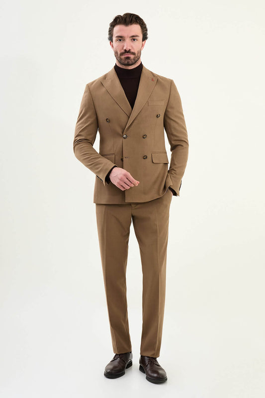 Men’s chocolate brown slim-fit double-breasted wool-blend suit with wide peak lapels, barchetta chest pocket, tortoiseshell buttons
