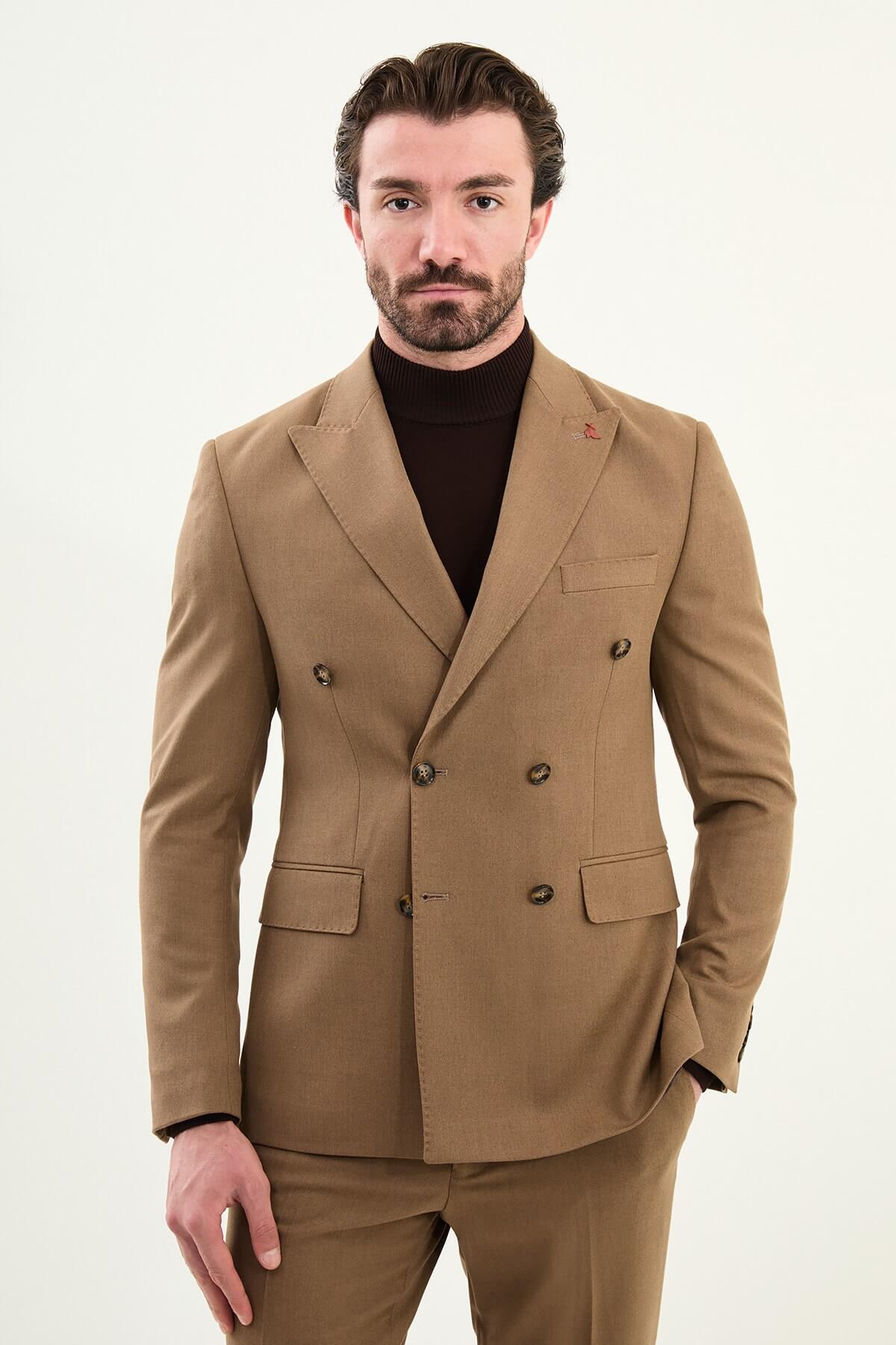 Men’s chocolate brown slim-fit double-breasted wool-blend suit with wide peak lapels, barchetta chest pocket, tortoiseshell buttons