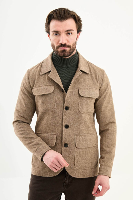 Men’s camel wool blend utility jacket with button-up front and four pockets, regular fit smart casual layering jacket styled with brown trousers and dark green turtleneck sweater