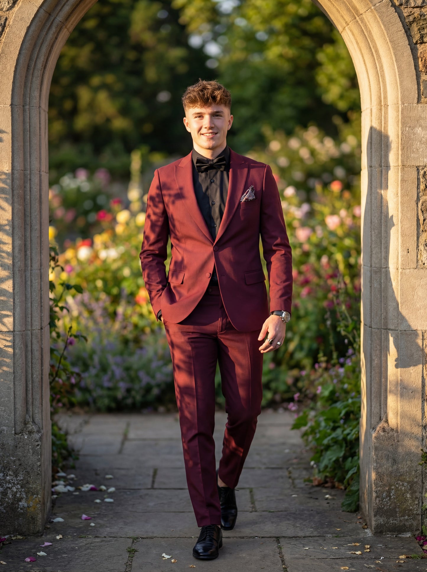 Burgundy slim fit prom tuxedo styled for formal evening event