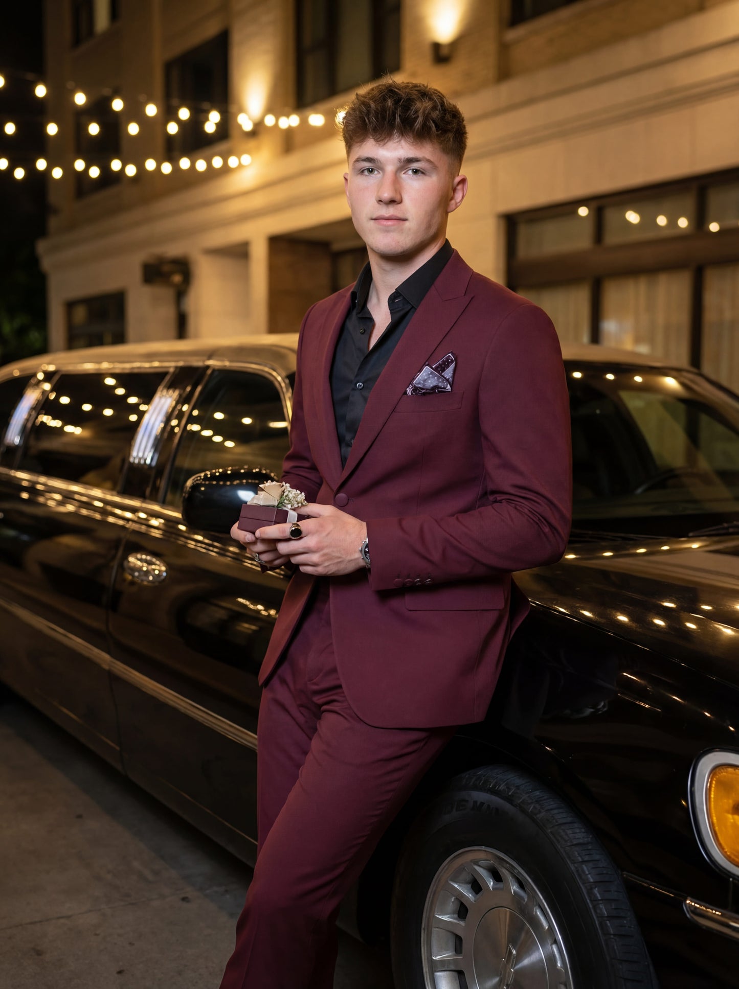 Burgundy slim fit prom tuxedo styled for formal evening event