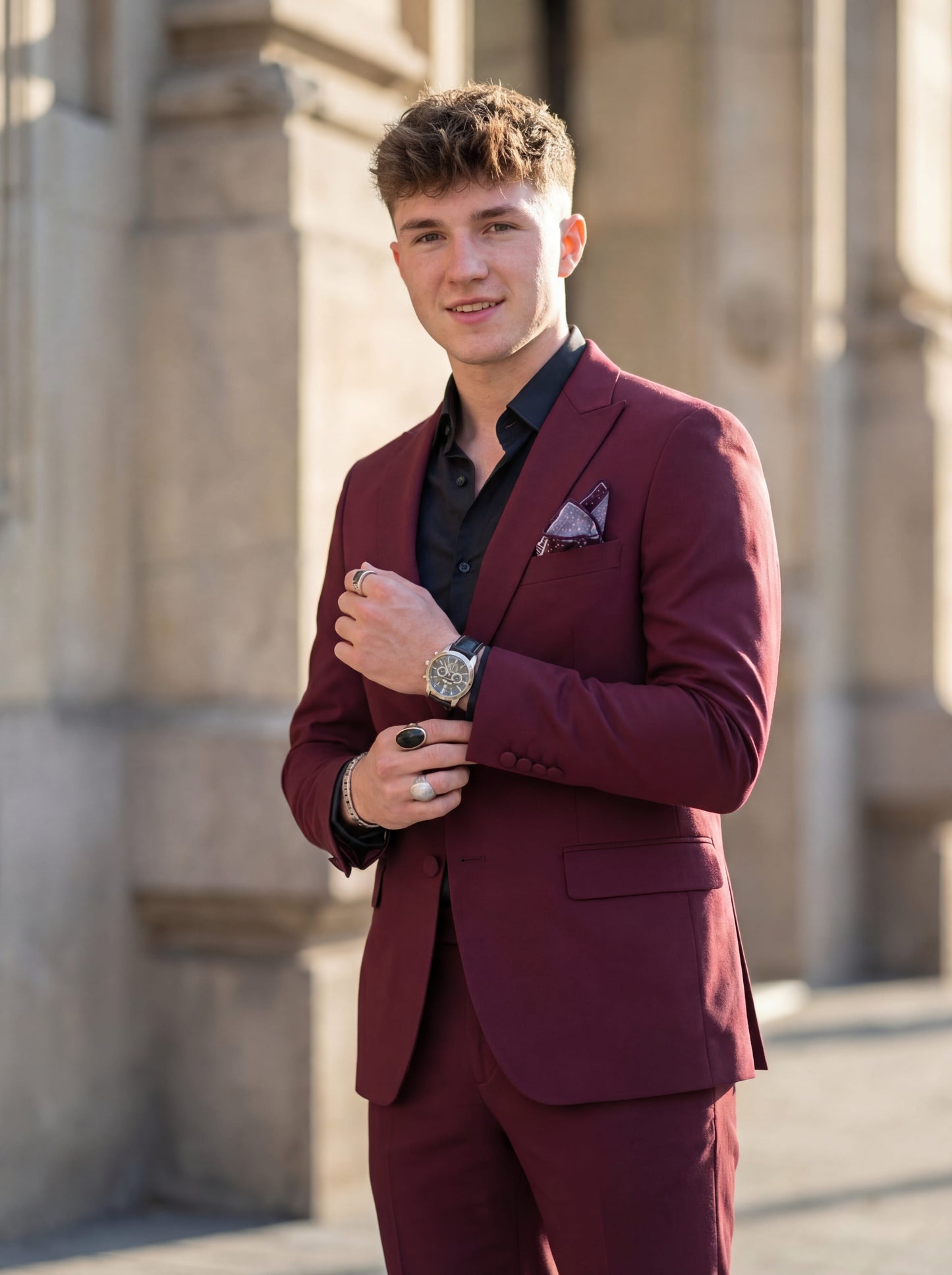 Burgundy slim fit prom tuxedo styled for formal evening event