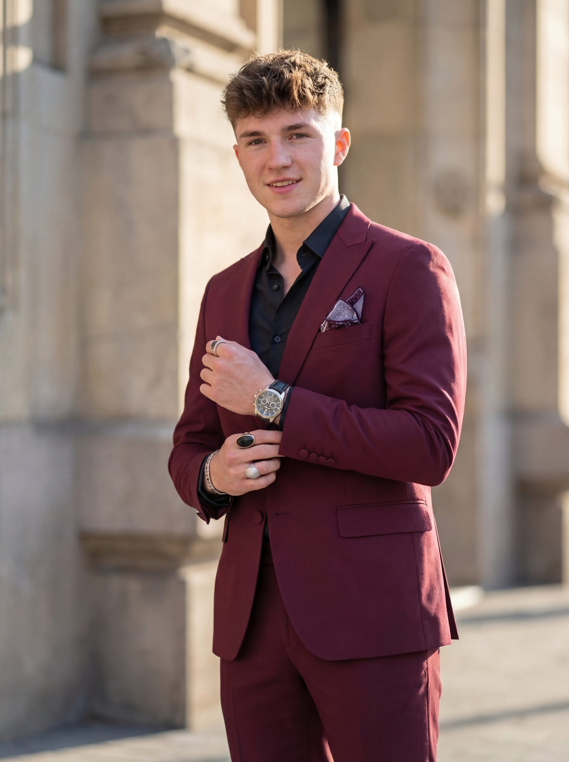Burgundy slim fit prom tuxedo styled for formal evening event