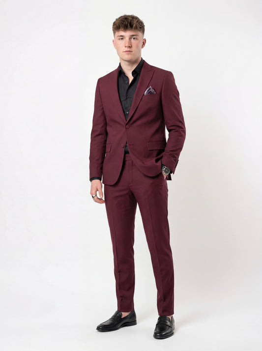 Burgundy slim fit prom tuxedo styled for formal evening event