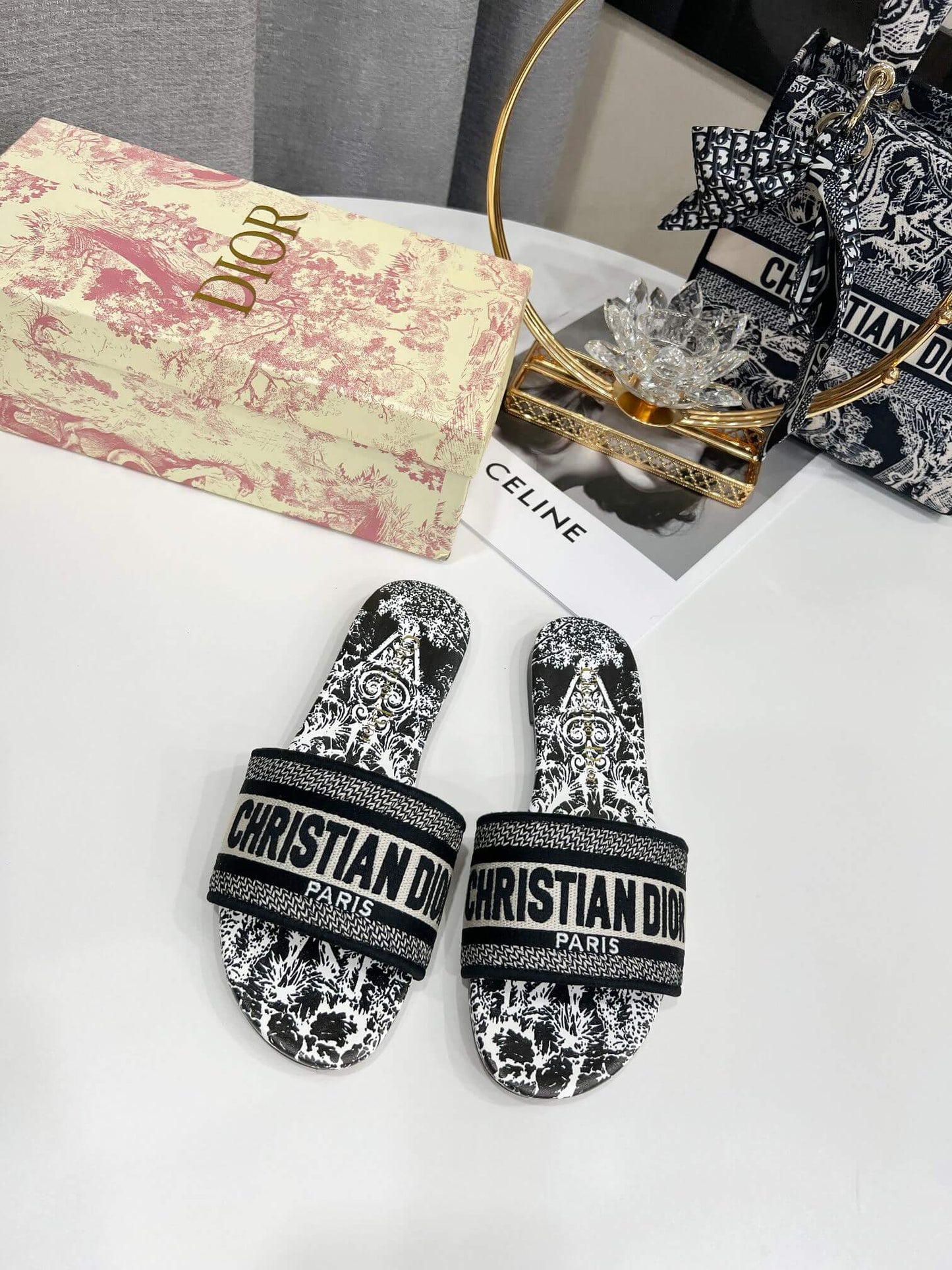 Christian Dior Bandana Dway Slides Svarta & Vita