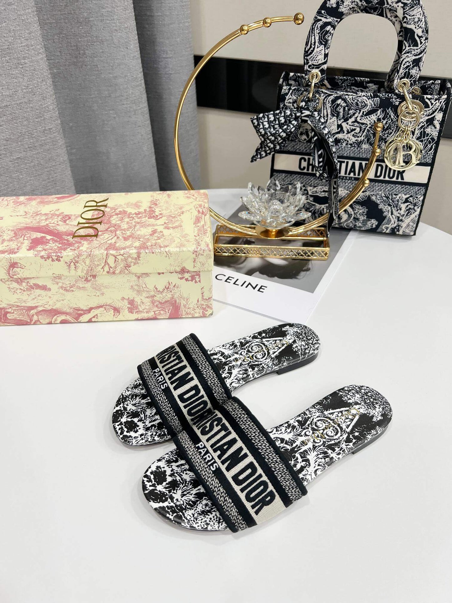 Christian Dior Bandana Dway Slides Svarta & Vita