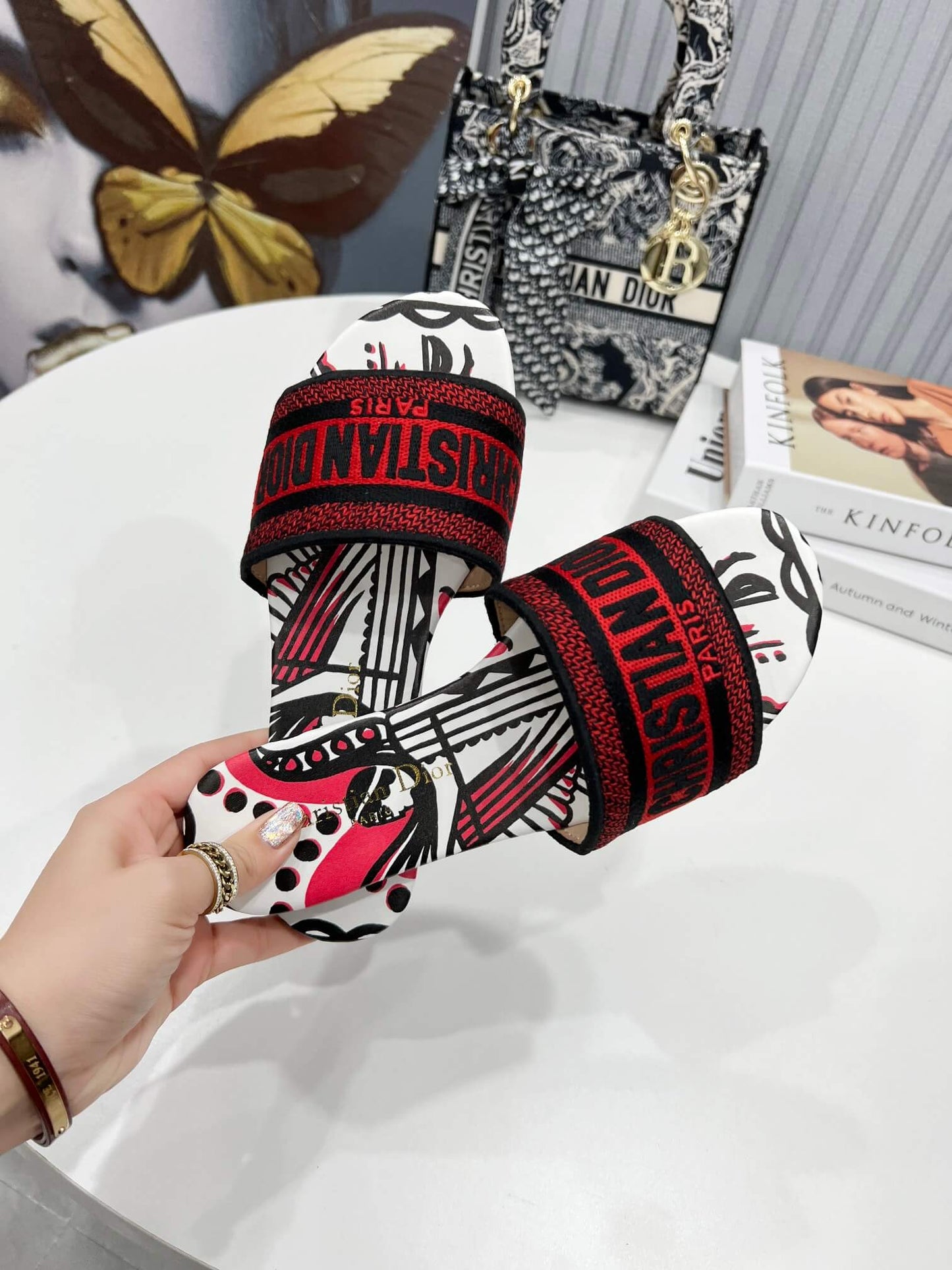 Christian Dior Bandana Dway Slides Whte & Red