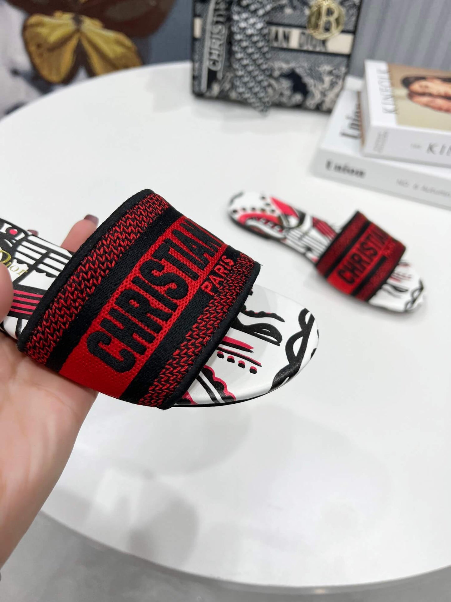 Christian Dior Bandana Dway Slides Whte & Red