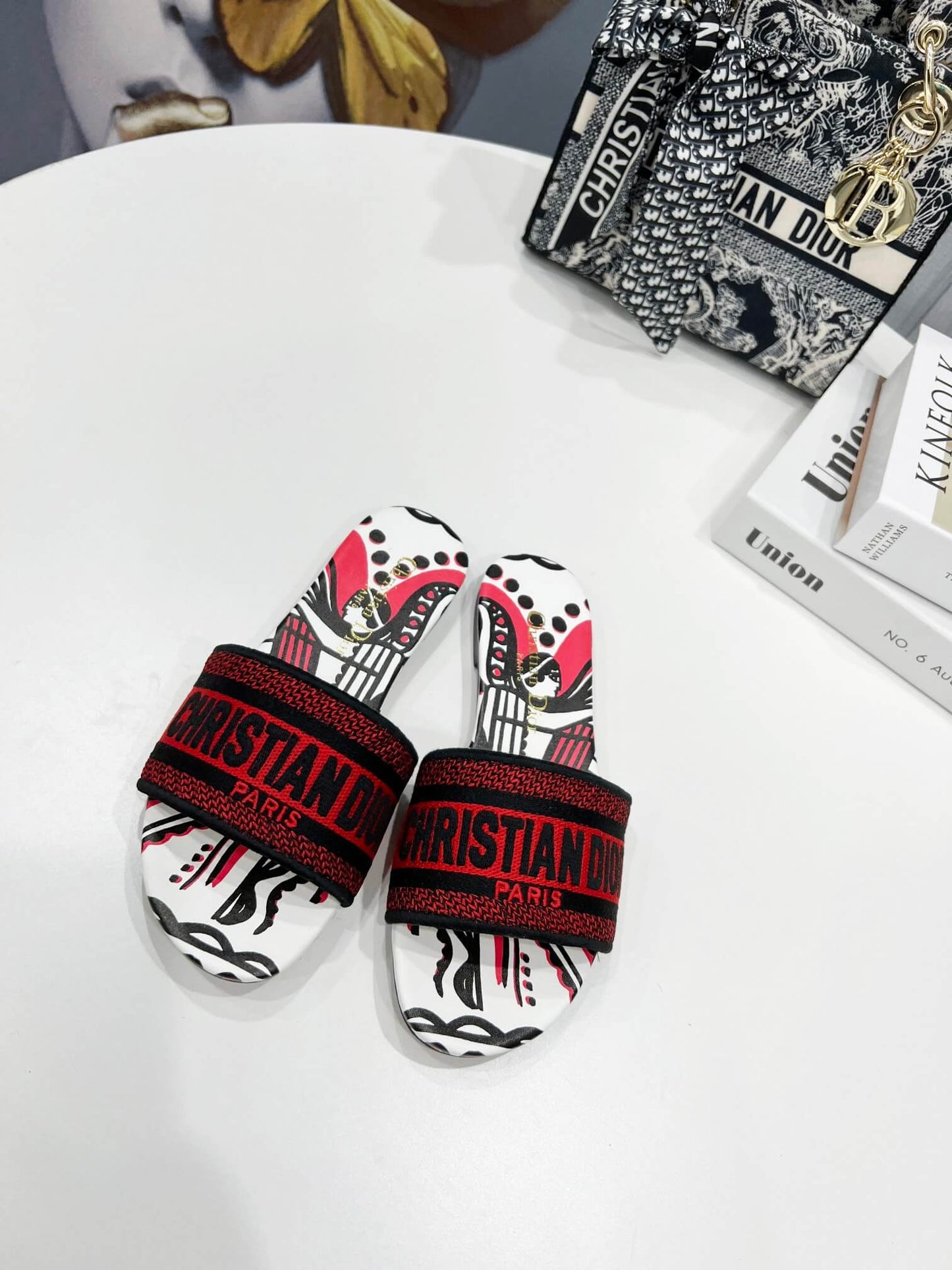 Christian Dior Bandana Dway Slides Whte & Red
