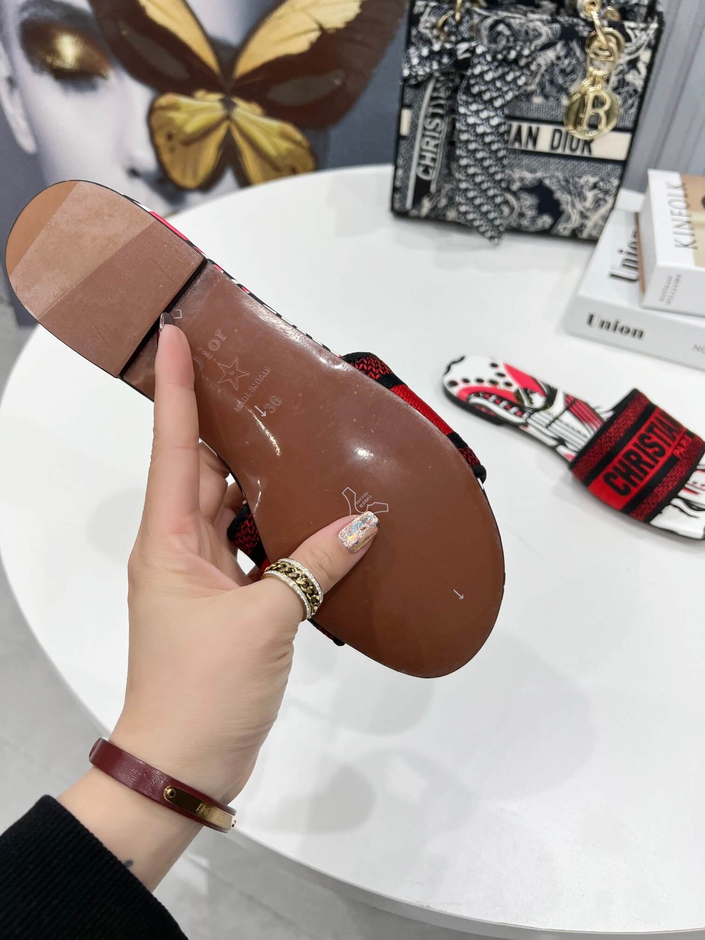 Christian Dior Bandana Dway Slides Whte & Red