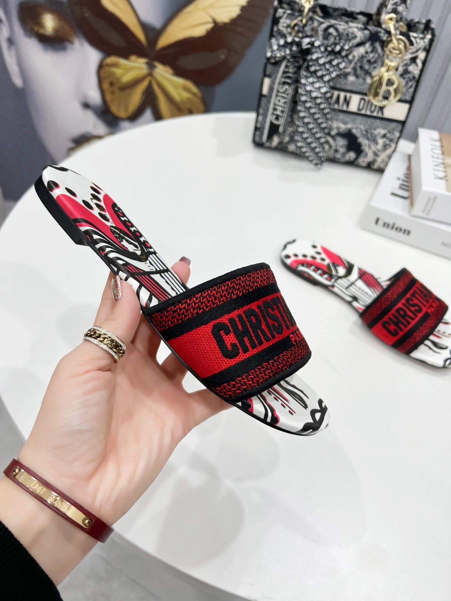 Christian Dior Bandana Dway Slides Whte & Red