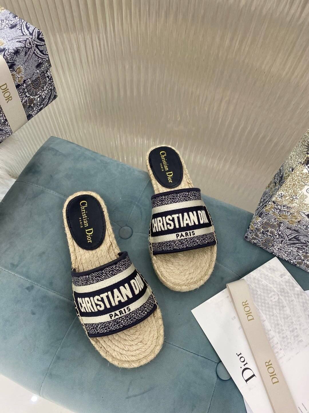 Christian Dior Canvas Embroidered Granville Espadrille Flat Slide Sandals Black and White