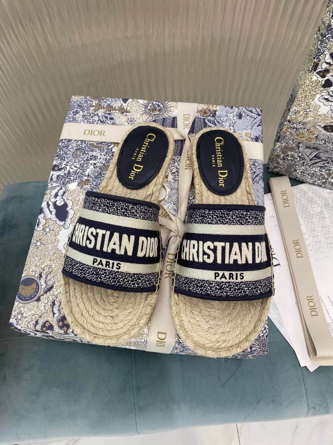Christian Dior Canvas Embroidered Granville Espadrille Flat Slide Sandals Black and White