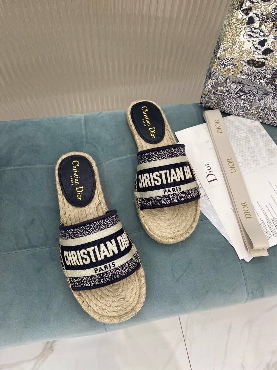 Christian Dior Canvas Embroidered Granville Espadrille Flat Slide Sandals Black and White