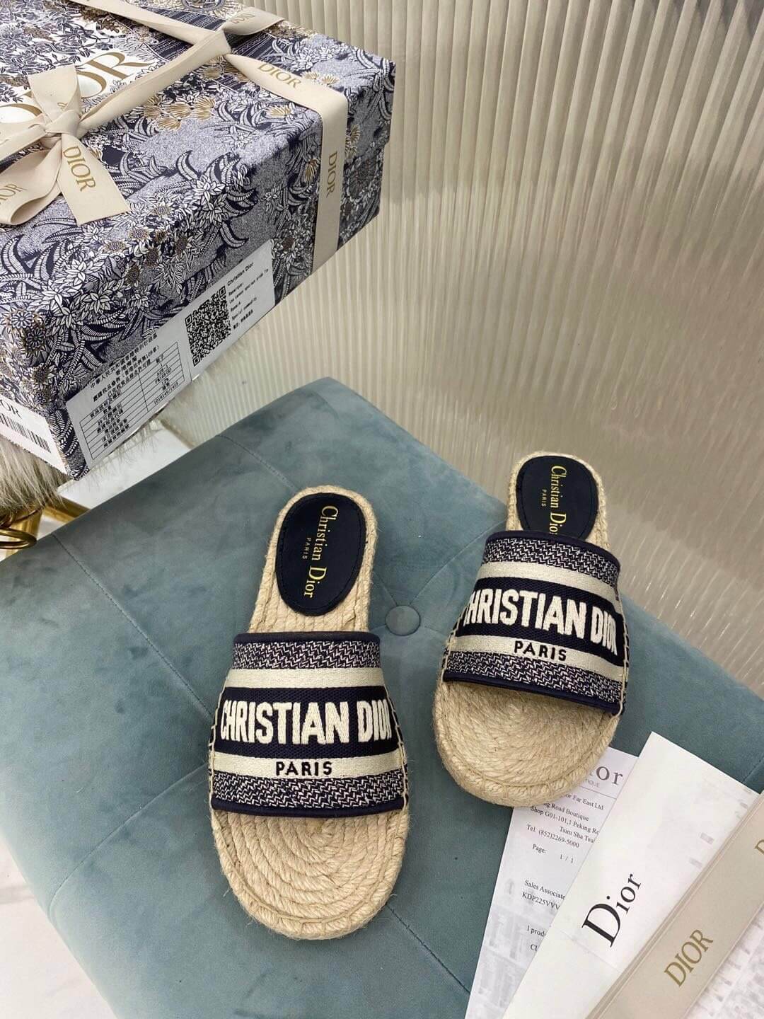 Christian Dior Canvas Embroidered Granville Espadrille Flat Slide Sandals Black and White