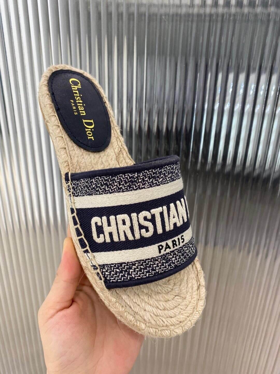 Christian Dior Canvas Embroidered Granville Espadrille Flat Slide Sandals Black and White